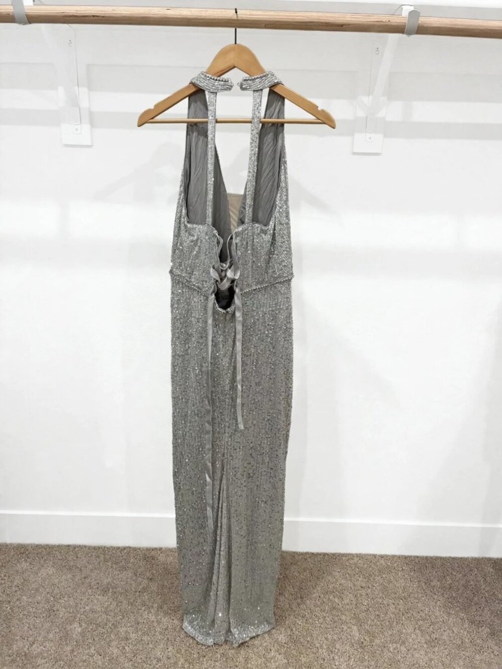 FEHAUTE Silver Sequin Halter Gown Lace Up Back Formal Dress US 4 NWT